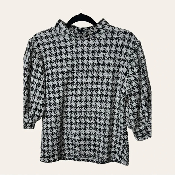 0279.โ ANN TAYLOR SHORT SLEEVE BLOUSE SIZE MEDIUM PETITE HOUNDSTOOTH PATTERN - Picture 1 of 11